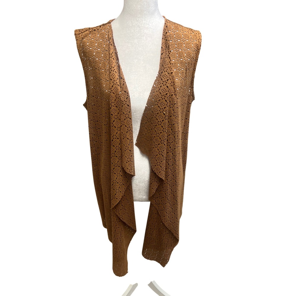Western Vest Laser Cut Faux Suede Brown Open Drape Sz S/M‎ Boho Duster Festival